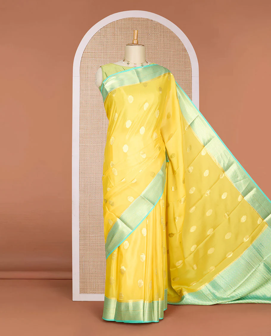 Yellow zari buttas Mysore silk saree, contrast traditional design zari border & pallu of chevron designs - Image 2